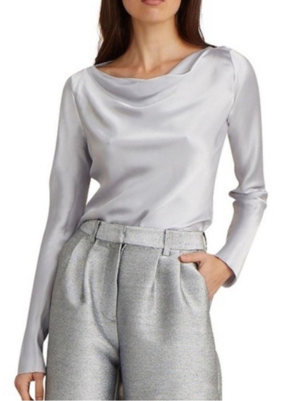 NWT $179 Antonio Melani Avalynn Silk Shimmering Ice Silver Draped Blouse XS
